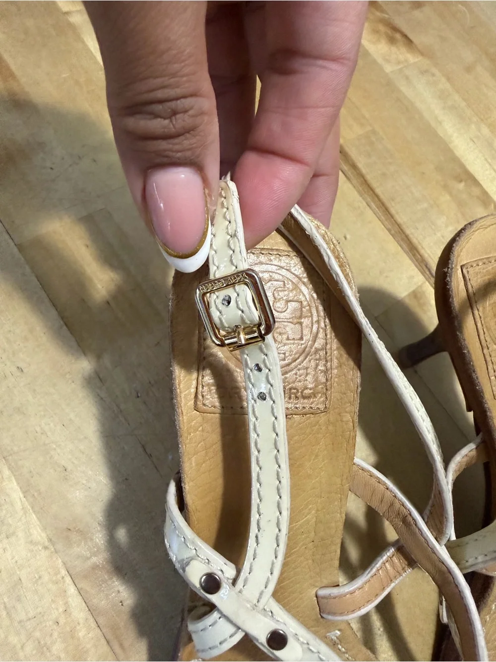 Tory Burch Two-Tone Tan and White Bow Leather Slingback Sandals